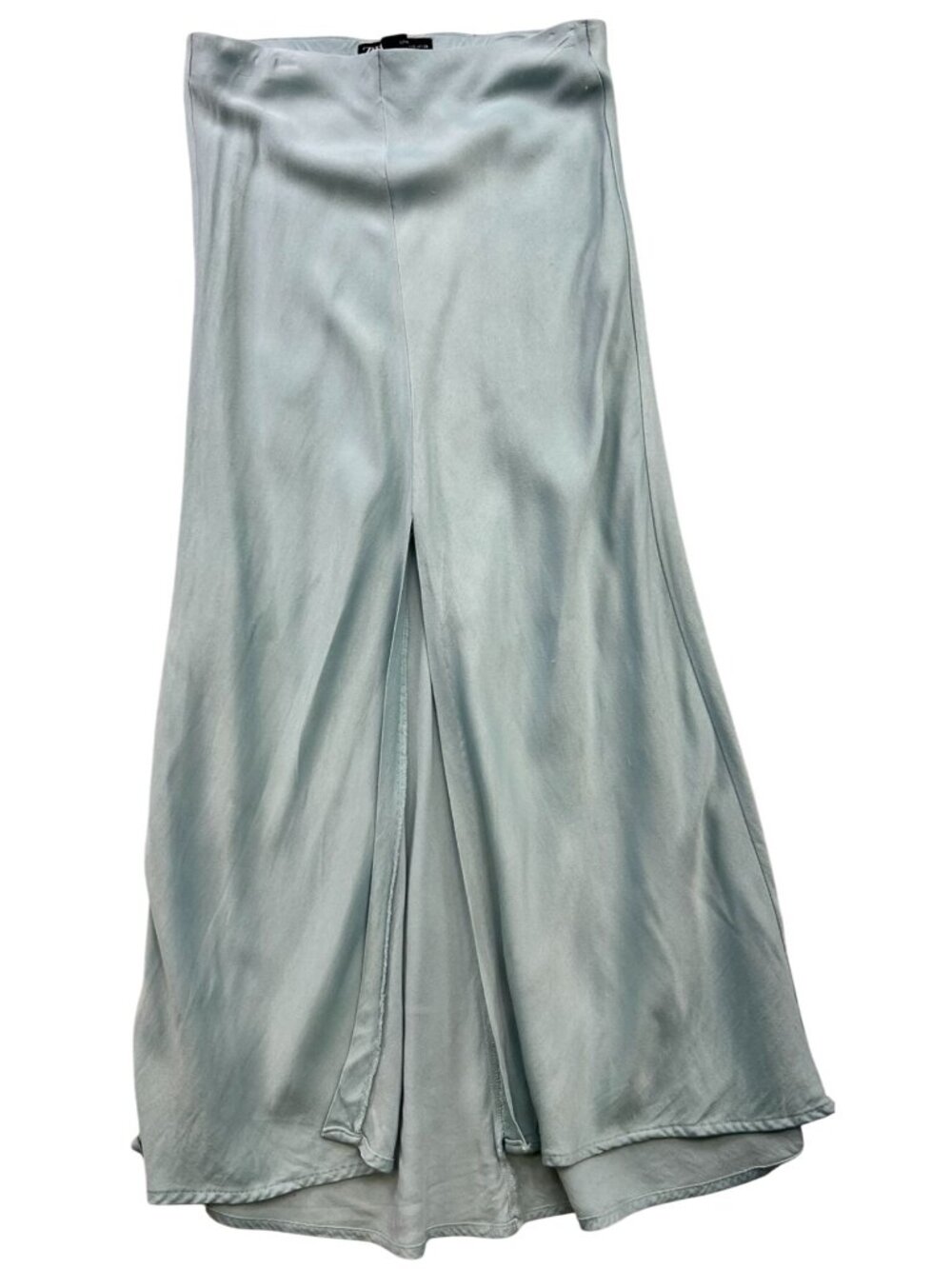 Zara Womens Satin A-Line Midi Skirt Front Slit Mid-Rise Size XS Mint Green Solid
